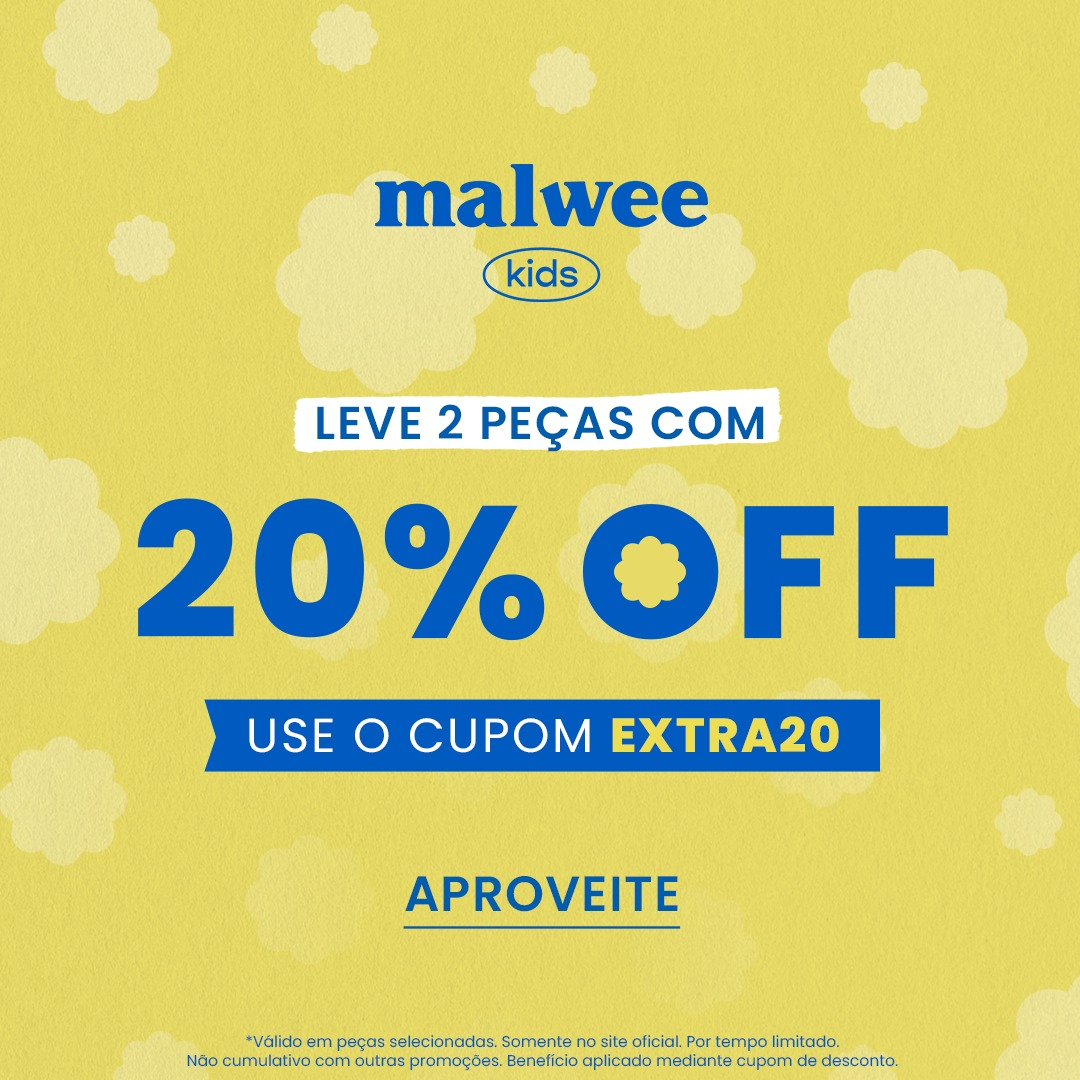 Ganhe 20% OFF comprando 2 peças! 💸 Malwee Kids com 20% OFF em 2 Peças 🏷️Use o cupom: EXTRA20
